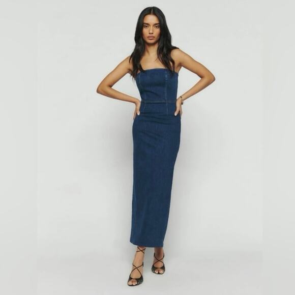 NWT Reformation Eugenia Strapless Denim Midi Dress Simcoe Blue Size 0 - Picture 1 of 8